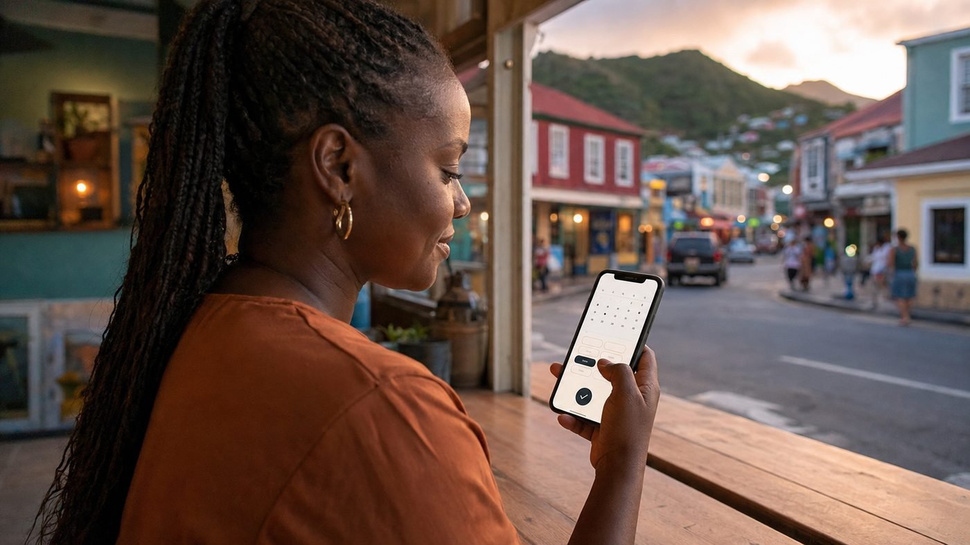 A small business owner in St. Kitts confirming a booking on her phone at the shop counter.