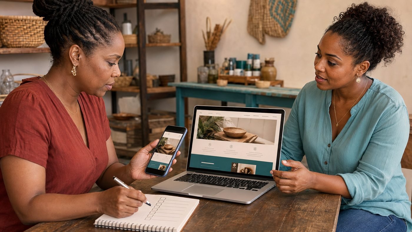 A web designer showing a small business owner a new website design on laptop and phone.