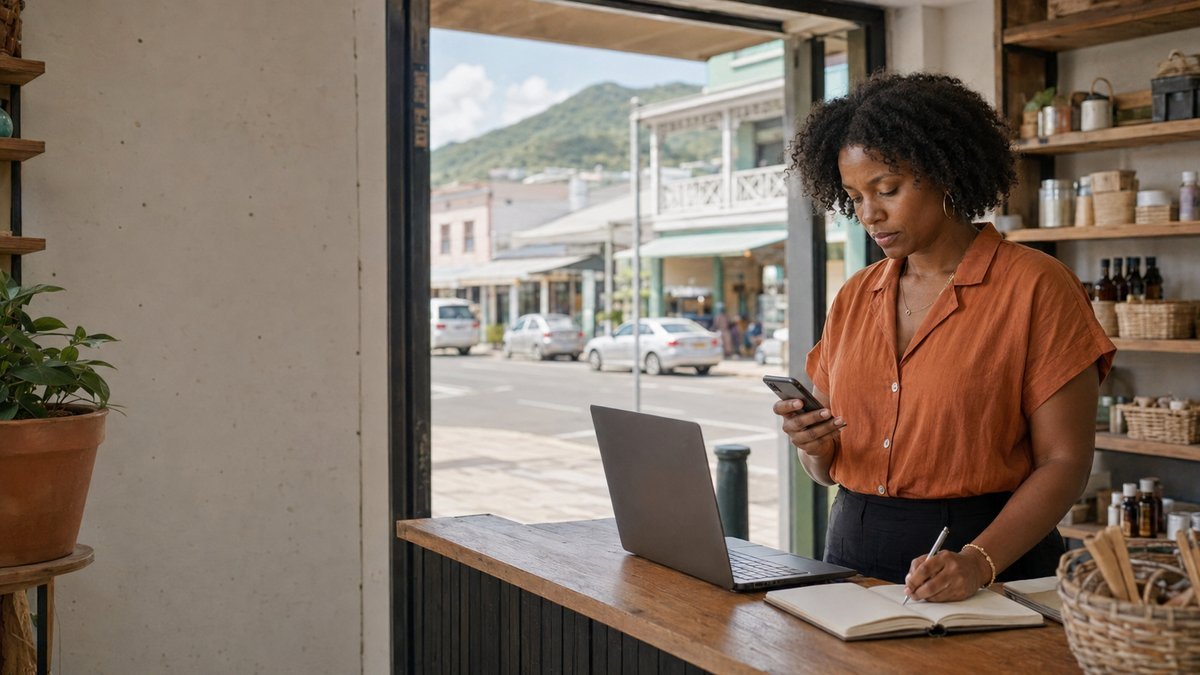 A small business owner in her Caribbean shop checking her phone at the counter.