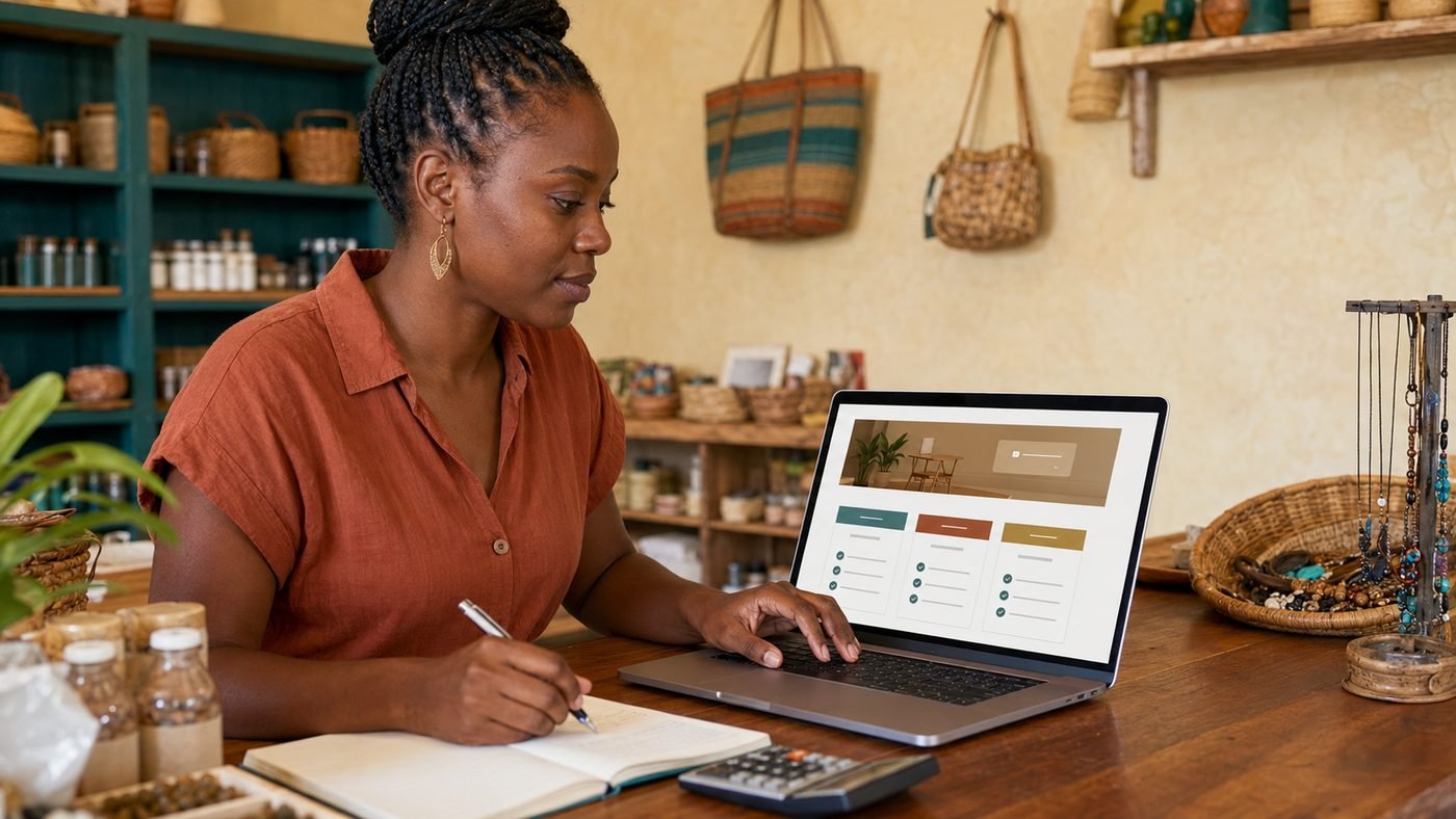 A shop owner reviewing website pricing options on a laptop while working out the numbers.