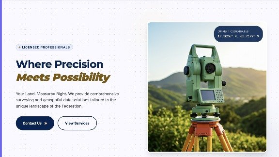 Concept mockup of a professional land surveying and geospatial services homepage.